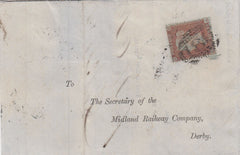 144292 1854 MAIL CHESTER TO DERBY 1d PL.177 (SG17) WITHIN 1d BLUE GREEN FISCAL STAMP.