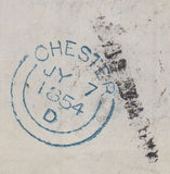 144292 1854 MAIL CHESTER TO DERBY 1d PL.177 (SG17) WITHIN 1d BLUE GREEN FISCAL STAMP.