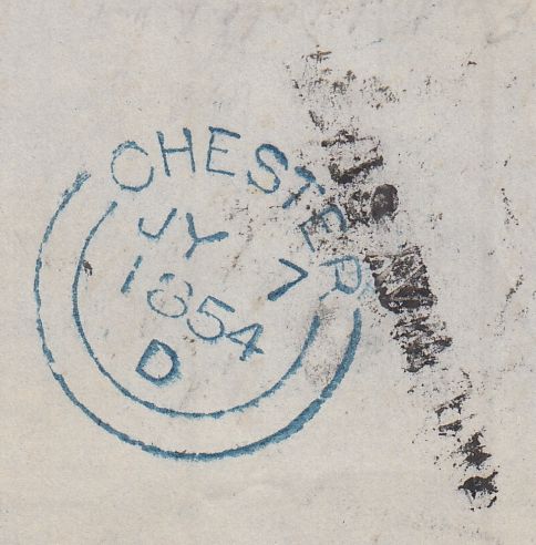 144292 1854 MAIL CHESTER TO DERBY 1d PL.177 (SG17) WITHIN 1d BLUE GREEN FISCAL STAMP.