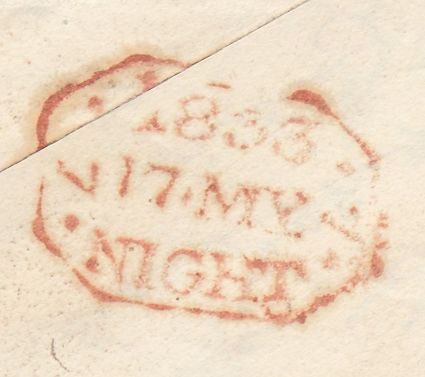 144293 1833 MAIL USED IN LONDON WITH OVAL 'M.S.' HANDSTAMP DENOTING MISSORTED MAIL (L562c).