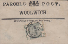 144295 1885 PARCELS POST LABEL TYPE 2 FROM 'WOOLWICH' WITH 6d GREEN (SG194).
