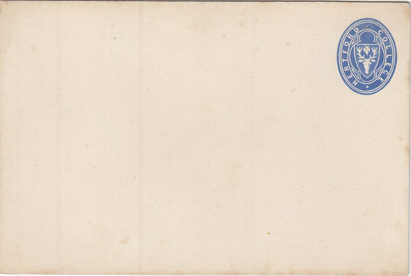 144304 1879 HERTFORD COLLEGE, OXFORD ½d BLUE EMBOSSED POSTCARD 3" x 4½".