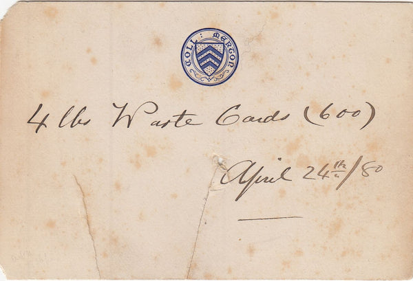 144314 1876 MERTON COLLEGE, OXFORD ½d ULTRAMARINE EMBOSSED POSTCARD USED FOR THE DELIVERY OF 600 SUCH CARDS APRIL 24TH 1880, UNUSED.