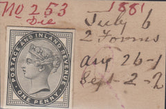 144317 1881 1d LILAC DIE 2 (SG172) DIE PROOF FROM THE DE LA RUE ARCHIVES STRIKING BOOK.
