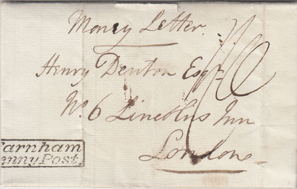 144318 1829 'Money Letter'  WEYBOURNE HOUSE, FARNHAM, SURREY TO LONDON WITH 'FARNHAM' (SY293) AND ' Farnham/Penny Post' (SY304) HANDSTAMPS.