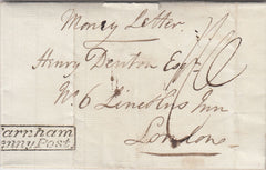 144318 1829 'Money Letter'  WEYBOURNE HOUSE, FARNHAM, SURREY TO LONDON WITH 'FARNHAM' (SY293) AND ' Farnham/Penny Post' (SY304) HANDSTAMPS.