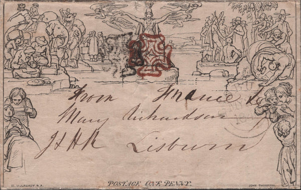 144321 1840 1d MULREADY WRAPPER USED MAY 28 1840 WATERFORD TO LISBURN CANCELLED BLACK AND RED-BROWN MALTESE CROSSES OF WATERFORD AND DUBLIN RESPECTIVELY.