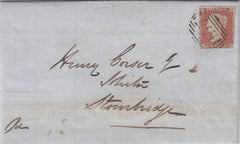 144322 1850 MAIL 'Rugby and Stamford Railway' HUSBANDS BOSWORTH LEICS TO STOURBRIDGE 1d  (SG8) 'HUSBANDS BOSWORTH' UDC.