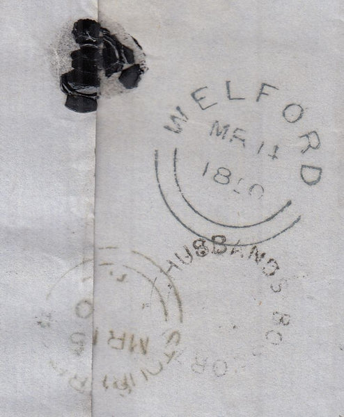 144322 1850 MAIL 'Rugby and Stamford Railway' HUSBANDS BOSWORTH LEICS TO STOURBRIDGE 1d  (SG8) 'HUSBANDS BOSWORTH' UDC.