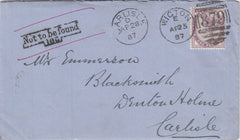 144323 1887 UNDELIVERED MAIL WIGTON, CUMBERLAND TO CARLISLE 1d LILAC (SG172).