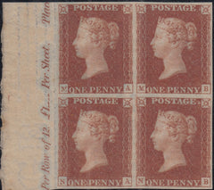 144324 1841 1d RED PLATE 10 (SG7) GOOD TO FINE UNUSED LEFT MARGINAL BLOCK OF FOUR WITH MARGINAL INSCRIPTION.