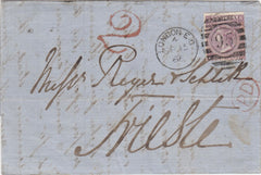 144326 1866 MAIL LONDON TO TRIESTE 6d LILAC PL.5 (SG97).