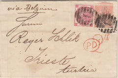 144327 1866 MAIL LONDON TO TRIESTE, AUSTRIA 3d ROSE PL.4 (SG92) 3d DULL VERMILION (SG93) 6d POSTAGE AND 1d LATE FEE.