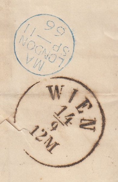 144327 1866 MAIL LONDON TO TRIESTE, AUSTRIA 3d ROSE PL.4 (SG92) 3d DULL VERMILION (SG93) 6d POSTAGE AND 1d LATE FEE.