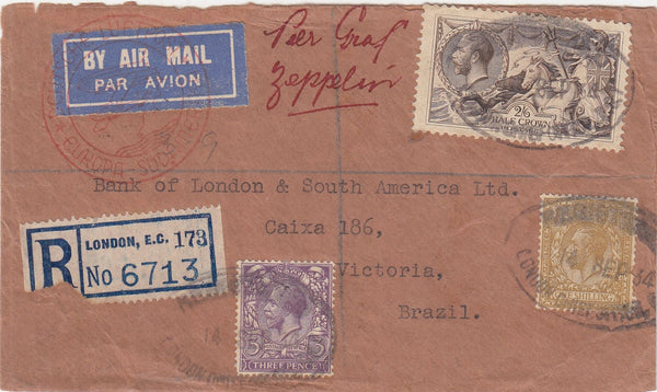 144328 1934 REGISTERED AIRMAIL LONDON TO VICTORIA, BRAZIL 'Per Graf Zeppelin' KGV 3d 1s AND 2/6 SEAHORSE (SG415).