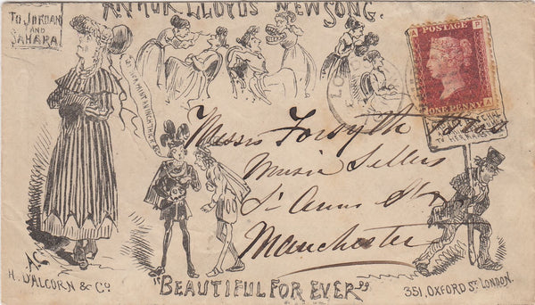 144329 1870 PRINTED ENVELOPE LONDON TO MANCHESTER PROMOTING 'ARTHUR LLOYDS NEW SONG' 'BEAUTIFUL FOR EVER' WITH SATIRICAL IMAGES OF BEAUTY TREATMENTS.