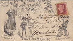144329 1870 PRINTED ENVELOPE LONDON TO MANCHESTER PROMOTING 'ARTHUR LLOYDS NEW SONG' 'BEAUTIFUL FOR EVER' WITH SATIRICAL IMAGES OF BEAUTY TREATMENTS.