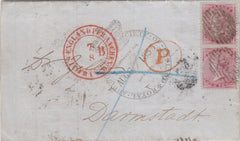 144334 1855 LETTER ROYAL AGRICULTURAL SOCIETY OF ENGLAND, LONDON TO DARMSTADT, GERMANY FINE PAIR 4d CARMINE SMALL GARTER  (SG62).