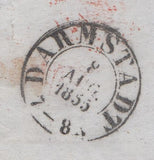 144334 1855 LETTER ROYAL AGRICULTURAL SOCIETY OF ENGLAND, LONDON TO DARMSTADT, GERMANY FINE PAIR 4d CARMINE SMALL GARTER  (SG62).
