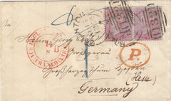 144335 1855 MAIL BRIGHTON TO HESSE, GERMANY PAIR 4d CARMINE SMALL GARTER (SG62).