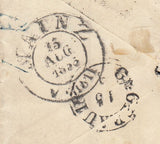 144335 1855 MAIL BRIGHTON TO HESSE, GERMANY PAIR 4d CARMINE SMALL GARTER (SG62).