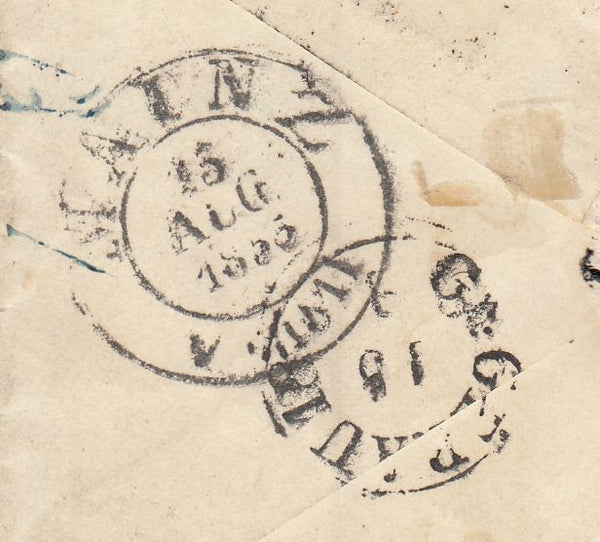 144335 1855 MAIL BRIGHTON TO HESSE, GERMANY PAIR 4d CARMINE SMALL GARTER (SG62).