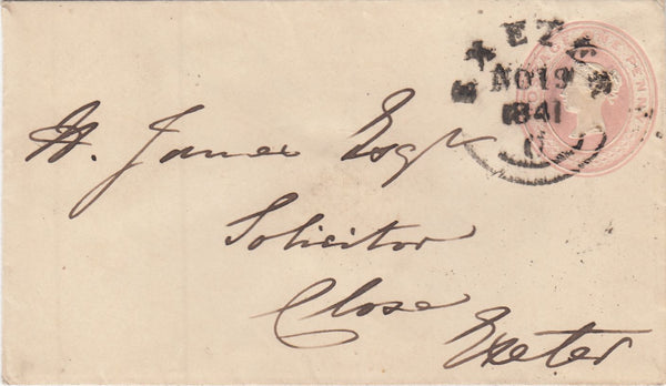 144336 1841 PENNY PINK USED LOCALLY IN EXETER FINE STRIKE 'EXETER' WESSEX TYPE DATE STAMP.