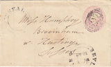 144337 1844 PENNY PINK ENVELOPE SEVENOAKS TO HASTINGS USED MAY 1ST 1844, FIRST DAY USE 1844 TYPE CANCELLATION.