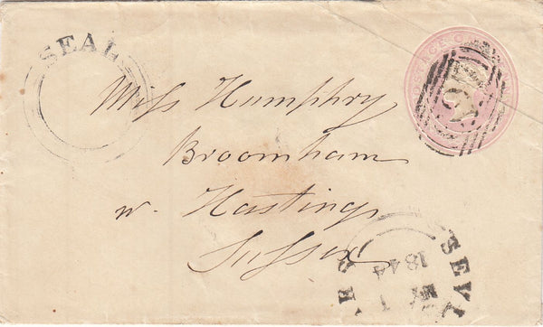 144337 1844 PENNY PINK ENVELOPE SEVENOAKS TO HASTINGS USED MAY 1ST 1844, FIRST DAY USE 1844 TYPE CANCELLATION.