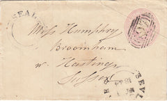 144337 1844 PENNY PINK ENVELOPE SEVENOAKS TO HASTINGS USED MAY 1ST 1844, FIRST DAY USE 1844 TYPE CANCELLATION.