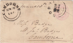 144338 1844 PENNY PINK ENVELOPE BODMIN, CORNWALL TO CAMBORNE CANCELLED FINE STRIKE 'BODMIN' WESSEX STYLE DATE STAMP.