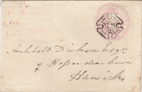 144339  1843 PENNY PINK ENVELOPE GREENOCK TO HAWICK VERY FINE STRIKE GREENOCK DISTINCTIVE MALTESE CROSS.