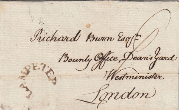 144344 1793 MAIL NANTGYNLLO, Nr LAMPETER, CARDIGANSHIRE TO LONDON 'LAMPETER' HORSESHOE STYLE HANDSTAMP (W236).