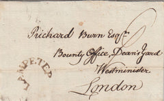 144344 1793 MAIL NANTGYNLLO, Nr LAMPETER, CARDIGANSHIRE TO LONDON 'LAMPETER' HORSESHOE STYLE HANDSTAMP (W236).