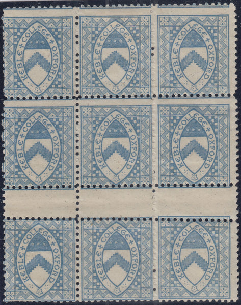 144346 1882 KEBLE COLLEGE, OXFORD ½d ULTRAMARINE (CS10) UNUSED BLOCK OF NINE.