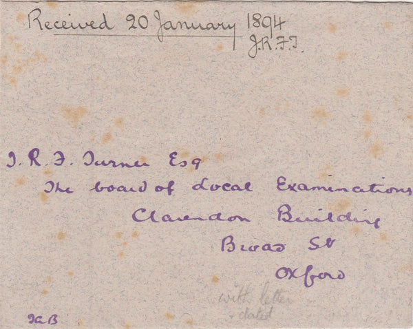 144354 CIRCA 1886 KEBLE COLLEGE, OXFORD ENVELOPE BLUE-GREY SILURIAN PAPER, KEBLE ARMS EMBOSSED ON FLAP IN COLOURLESS RELIEF, USED IN JANUARY 1894.