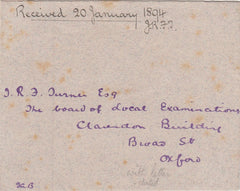 144354 CIRCA 1886 KEBLE COLLEGE, OXFORD ENVELOPE BLUE-GREY SILURIAN PAPER, KEBLE ARMS EMBOSSED ON FLAP IN COLOURLESS RELIEF, USED IN JANUARY 1894.