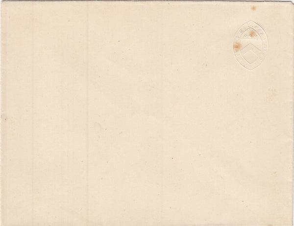 144355 1875 KEBLE COLLEGE, OXFORD, PROOF 1¼d ENVELOPE WITH EMBOSSING OF COLLEGE ARMS IN COLOURLESS RELIEF AT UPPER RIGHT AND 'BLIND IMPRESSION' ON REVERSE, MENTIONED BY LISTER PAGE 30.