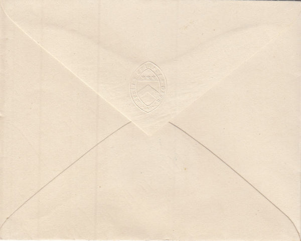 144356 CIRCA 1875 KEBLE COLLEGE, OXFORD, PROOF 1¼d ENVELOPE CREAM TINTED PAPER WITH EMBOSSING OF COLLEGE ARMS IN COLOURLESS RELIEF ON REVERSE FLAP, UNISSUED DESIGN.