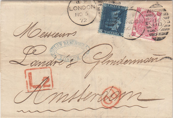 144360 1872 MAIL LONDON TO AMSTERDAM 3d ROSE (SG103) 2d BLUE (SG47) INCL. 2d LATE FEE.