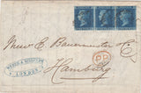 144361 1863 MAIL LONDON TO HAMBURG 2d BLUE PL.9 (SG45) x 3.