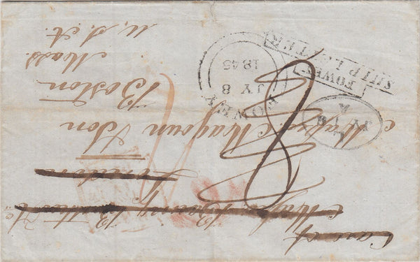 144364 1845 MAIL SALDANHA BAY, CAPE OF GOOD HOPE TO BOSTON, U.S.A. VIA ENGLAND WITH 'FOWEY/SHIP LETTER' STEP TYPE HANDSTAMP (CO425).
