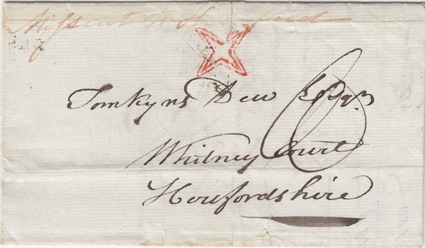 144366 1823 MAIL LONDON TO WHITNEY COURT, HEREFORDSHIRE, MISSENT, WITH INSPECTOR'S MARK.
