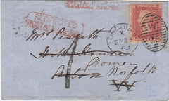 144367 1862 MAIL LONDON TO ACTON, 1d (SG40), REDIRECTED TO CROMER WITH 'REDIRECTED/POSTAGE UNPAID' HANDSTAMP.
