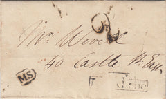 144368 1823 MAIL SPITALFIELDS TO CASTLE STREET, LONDON WITH OVAL 'MS' HANDSTAMP APPLIED TO MISSORTED MAIL.