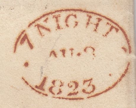144368 1823 MAIL SPITALFIELDS TO CASTLE STREET, LONDON WITH OVAL 'MS' HANDSTAMP APPLIED TO MISSORTED MAIL.