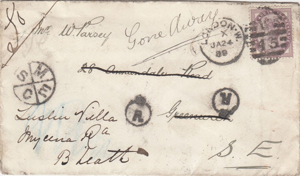 144373 1889 UNDELIVERED MAIL LONDON TO GREENWICH, REDIRECTED TO BLACKHEATH 1d LILAC (SG172).