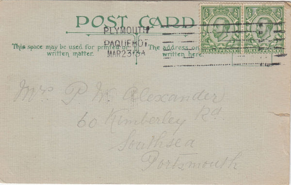 144374 1913 MAIL FROM OVERSEAS TO PORTSMOUTH PAIR KGV ½d 'PLYMOUTH/PAQUETBOT' CANCELLATION.
