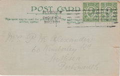 144374 1913 MAIL FROM OVERSEAS TO PORTSMOUTH PAIR KGV ½d 'PLYMOUTH/PAQUETBOT' CANCELLATION.