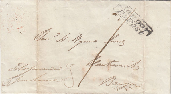 144376 1837 MAIL BANGOR, CAERNARVONSHIRE TO LLANTRISANT FINE STRIKE 'Bangor/Py Post' HANDSTAMP (W218).